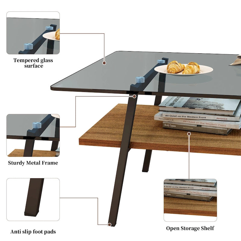 Rechteckiger Couchtisch, Tischplatte aus gehärtetem Glas mit Metallbeinen, Moderner Tisch für Wohnzimmer, Glas