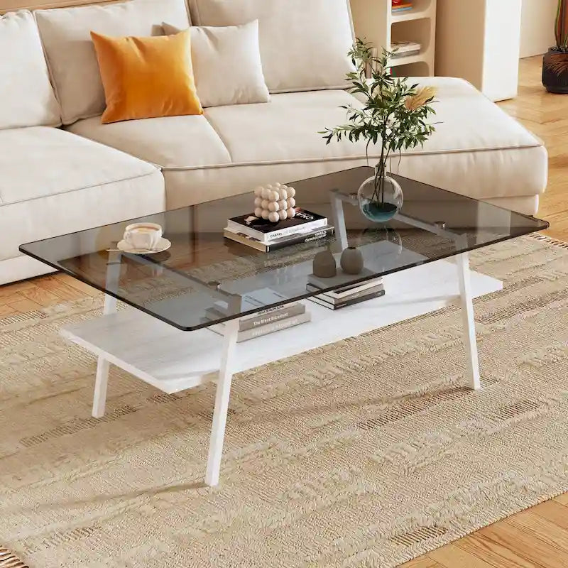 Rechteckiger Couchtisch, Tischplatte aus gehärtetem Glas mit Metallbeinen, Moderner Tisch für Wohnzimmer, Glas