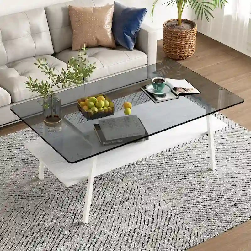 Rechteckiger Couchtisch, Tischplatte aus gehärtetem Glas mit Metallbeinen, Moderner Tisch für Wohnzimmer, Glas