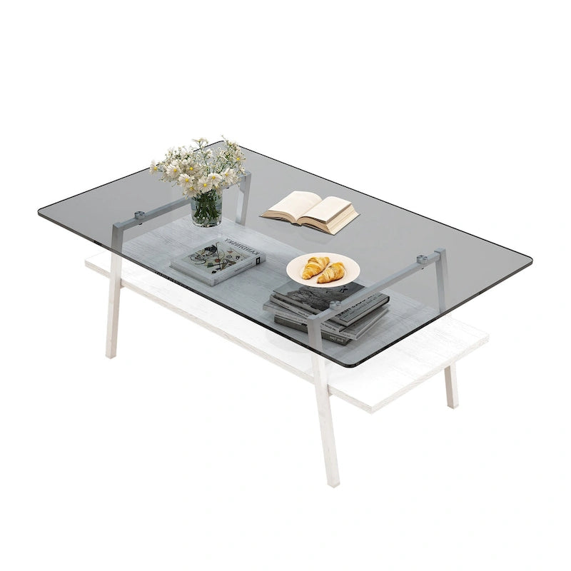 Rechteckiger Couchtisch, Tischplatte aus gehärtetem Glas mit Metallbeinen, Moderner Tisch für Wohnzimmer, Glas
