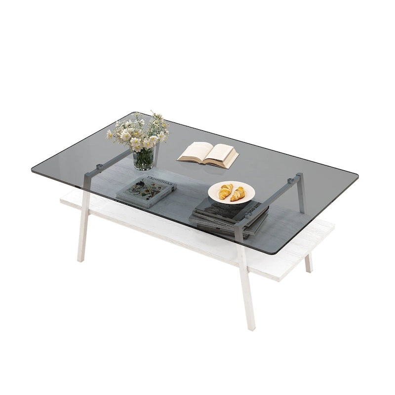 Rechteckiger Couchtisch, Tischplatte aus gehärtetem Glas mit Metallbeinen, Moderner Tisch für Wohnzimmer, Glas