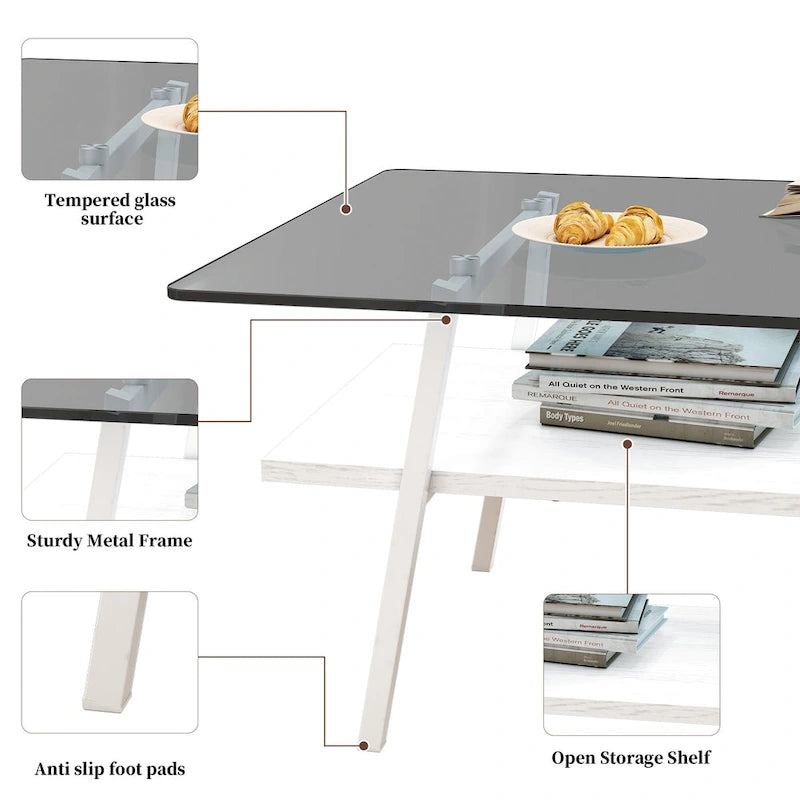 Rechteckiger Couchtisch, Tischplatte aus gehärtetem Glas mit Metallbeinen, Moderner Tisch für Wohnzimmer, Glas