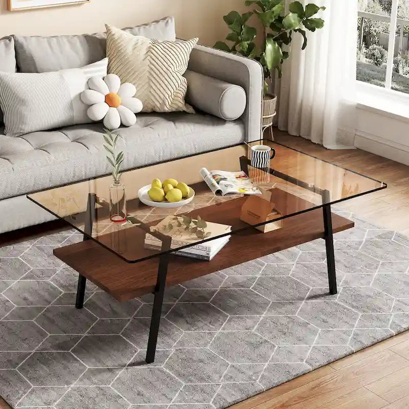 Rechteckiger Couchtisch, Tischplatte aus gehärtetem Glas mit Metallbeinen, Moderner Tisch für Wohnzimmer, Glas
