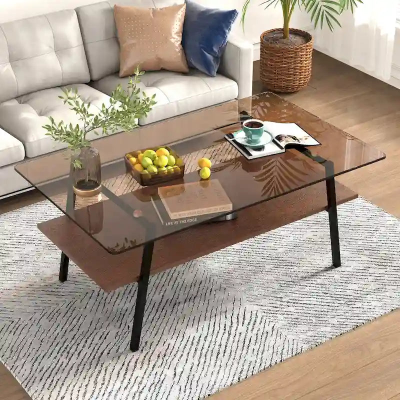 Rechteckiger Couchtisch, Tischplatte aus gehärtetem Glas mit Metallbeinen, Moderner Tisch für Wohnzimmer, Glas