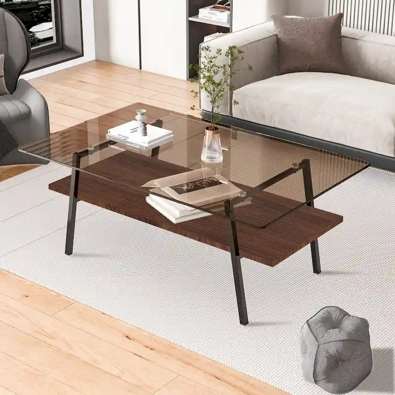 Rechteckiger Couchtisch, Tischplatte aus gehärtetem Glas mit Metallbeinen, Moderner Tisch für Wohnzimmer, Glas