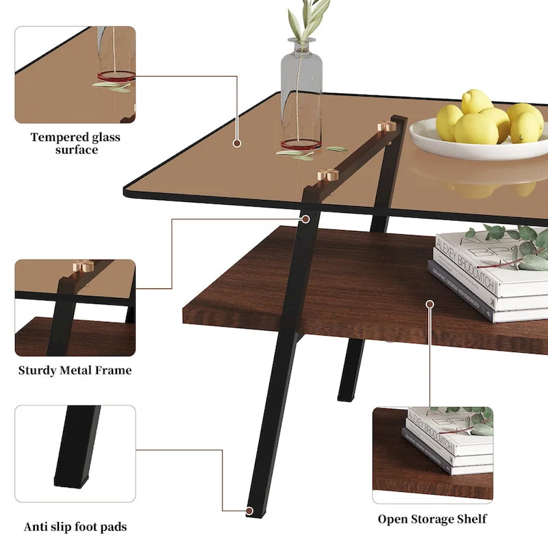 Rechteckiger Couchtisch, Tischplatte aus gehärtetem Glas mit Metallbeinen, Moderner Tisch für Wohnzimmer, Glas