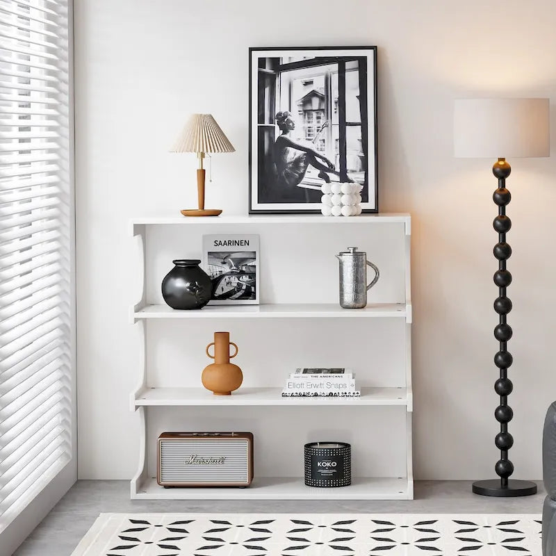 Multifunktionales 4-stöckiges weißes Bücherregal & Couchtisch, kreatives Möbel-Standregal, minimalistische Organizer-Aufbewahrungsregale