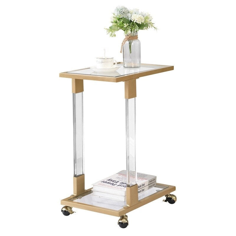Grondin Moderner, zeitgenössischer C-förmiger Beistelltisch Snacktisch mit gehärtetem Glas, Stahl- und Acrylrahmen, feststellbare Rollen