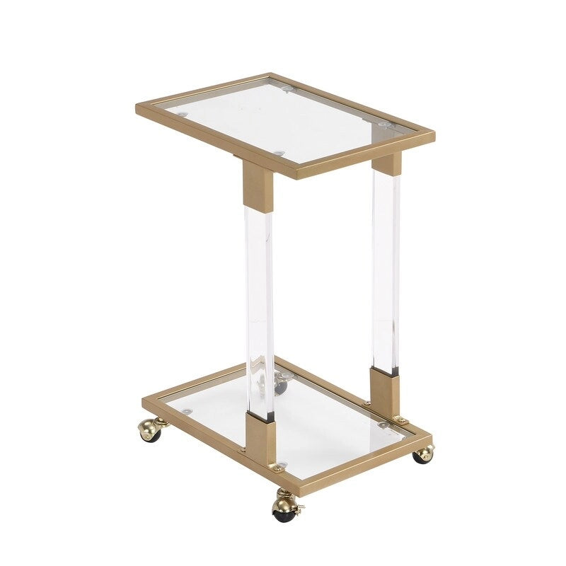 Grondin Moderner, zeitgenössischer C-förmiger Beistelltisch Snacktisch mit gehärtetem Glas, Stahl- und Acrylrahmen, feststellbare Rollen