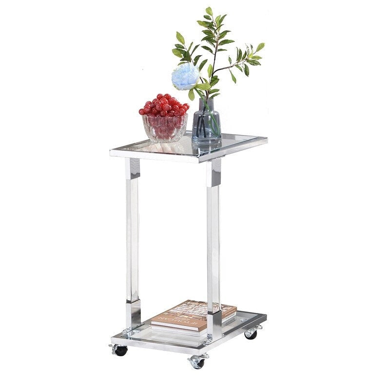 Grondin Moderner, zeitgenössischer C-förmiger Beistelltisch Snacktisch mit gehärtetem Glas, Stahl- und Acrylrahmen, feststellbare Rollen