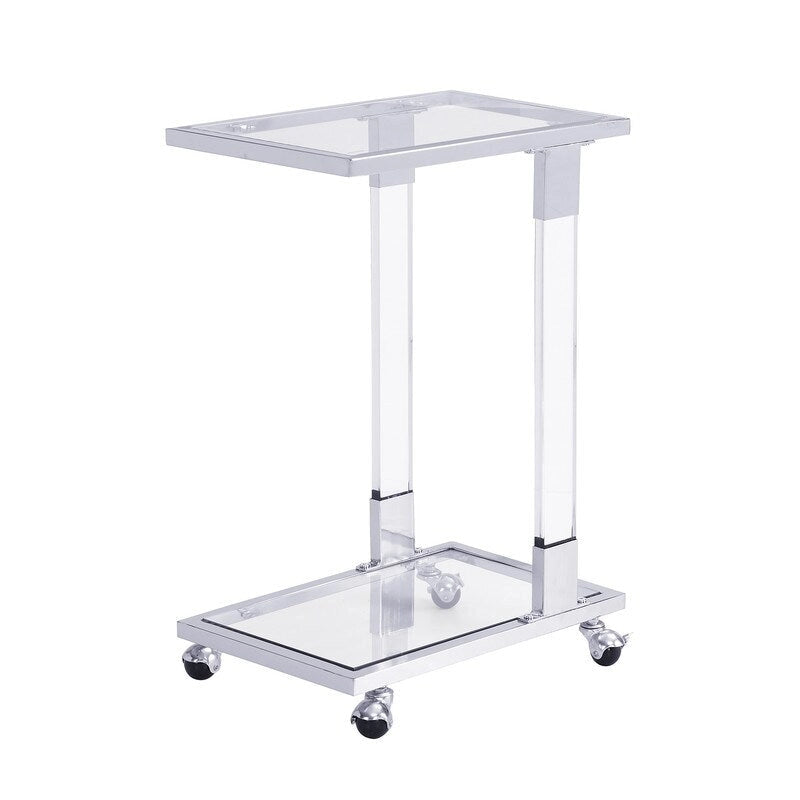 Grondin Moderner, zeitgenössischer C-förmiger Beistelltisch Snacktisch mit gehärtetem Glas, Stahl- und Acrylrahmen, feststellbare Rollen