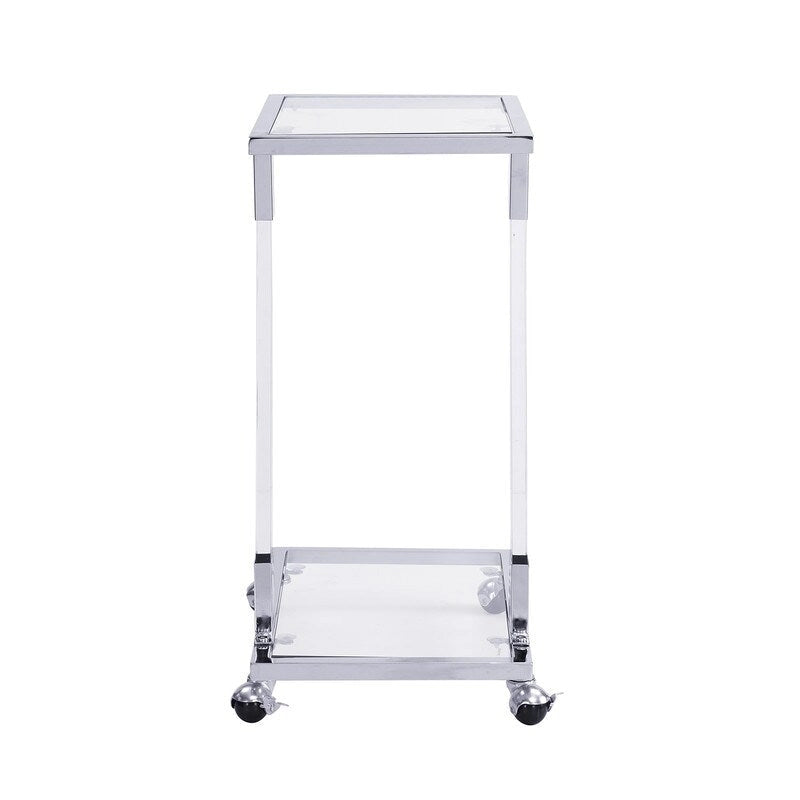 Grondin Moderner, zeitgenössischer C-förmiger Beistelltisch Snacktisch mit gehärtetem Glas, Stahl- und Acrylrahmen, feststellbare Rollen