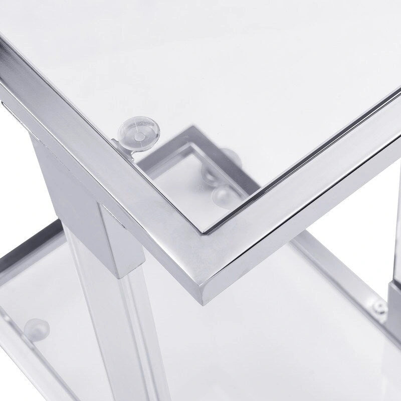 Grondin Moderner, zeitgenössischer C-förmiger Beistelltisch Snacktisch mit gehärtetem Glas, Stahl- und Acrylrahmen, feststellbare Rollen