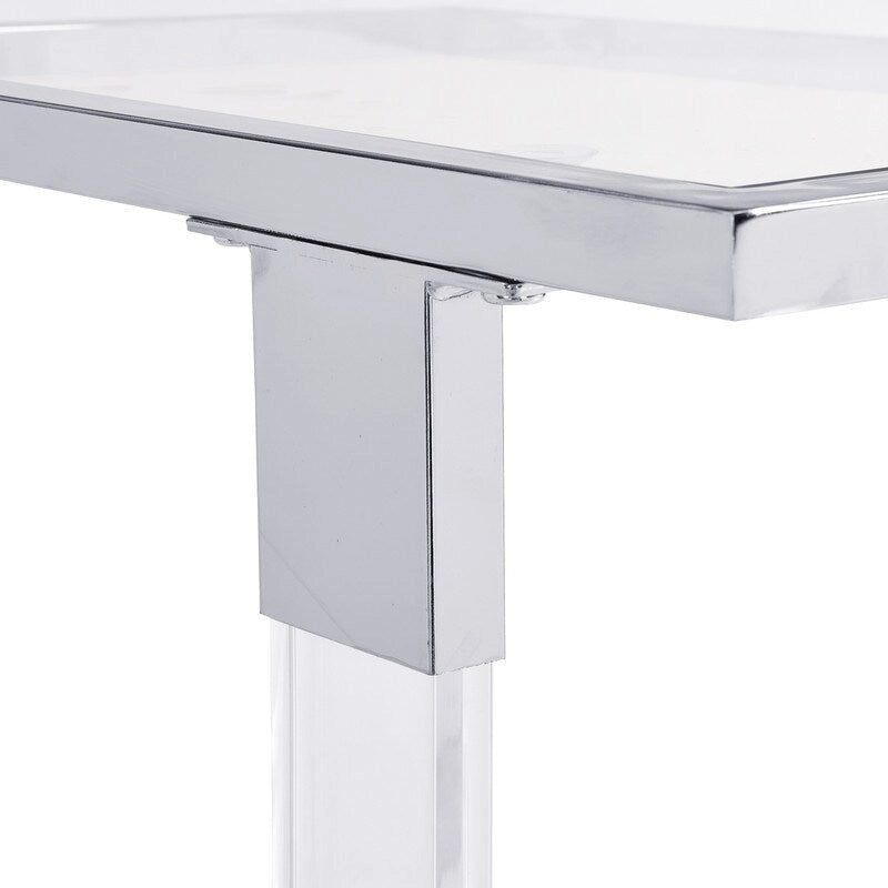 Grondin Moderner, zeitgenössischer C-förmiger Beistelltisch Snacktisch mit gehärtetem Glas, Stahl- und Acrylrahmen, feststellbare Rollen