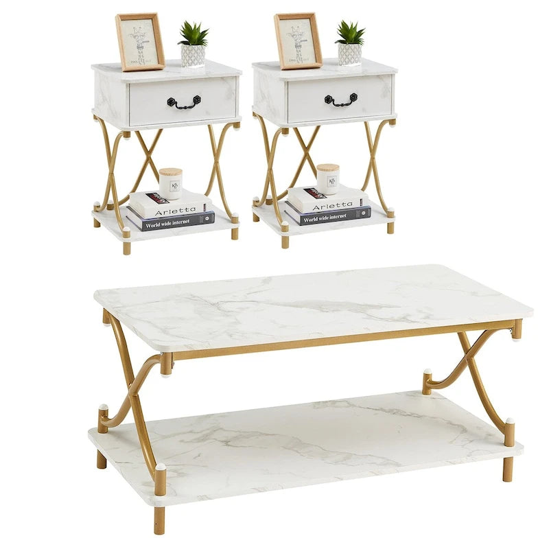 Modernes 3-teiliges Couchtisch-, Sofatisch- und 2er-Set Nachttische mit 1 Schublade (Braun/Schwarz/Weiß)