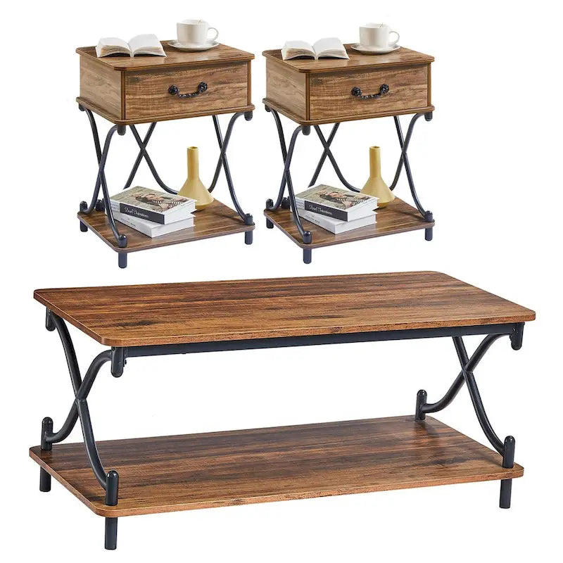 Modernes 3-teiliges Couchtisch-, Sofatisch- und 2er-Set Nachttische mit 1 Schublade (Braun/Schwarz/Weiß)