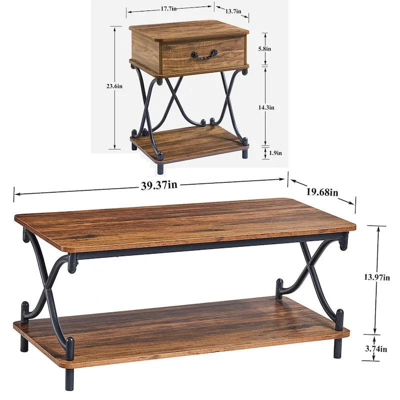 Modernes 3-teiliges Couchtisch-, Sofatisch- und 2er-Set Nachttische mit 1 Schublade (Braun/Schwarz/Weiß)