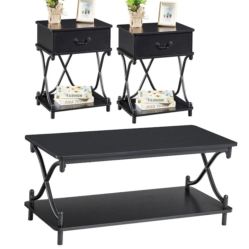 Modernes 3-teiliges Couchtisch-, Sofatisch- und 2er-Set Nachttische mit 1 Schublade (Braun/Schwarz/Weiß)