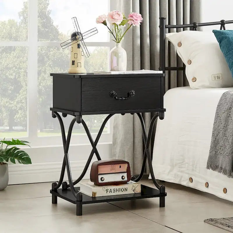 Modernes 3-teiliges Couchtisch-, Sofatisch- und 2er-Set Nachttische mit 1 Schublade (Braun/Schwarz/Weiß)