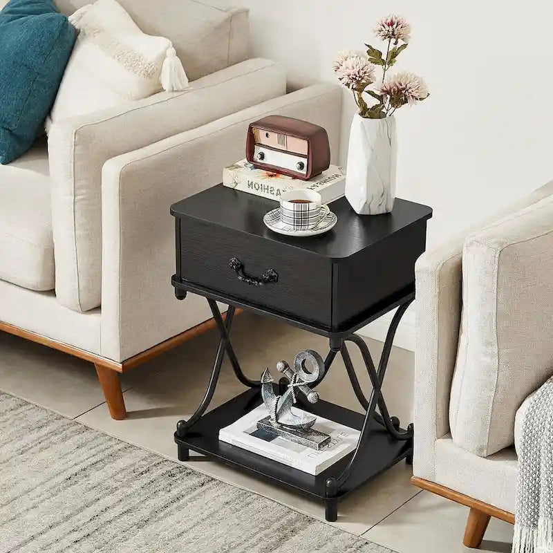 Modernes 3-teiliges Couchtisch-, Sofatisch- und 2er-Set Nachttische mit 1 Schublade (Braun/Schwarz/Weiß)