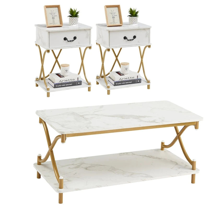 Modernes 3-teiliges Couchtisch-, Sofatisch- und 2er-Set Nachttische mit 1 Schublade (Braun/Schwarz/Weiß)