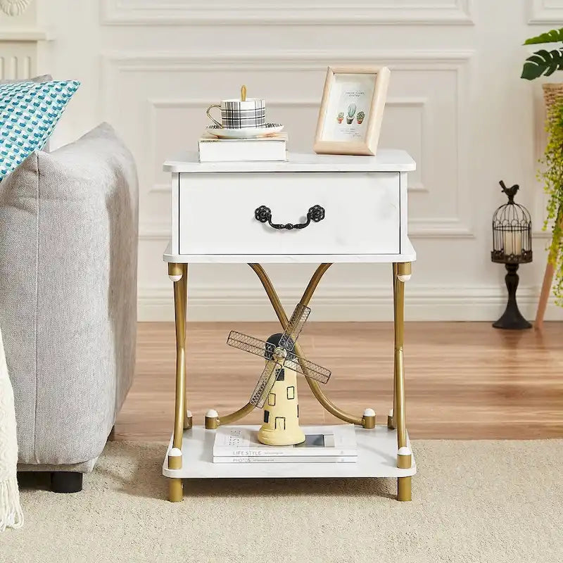 Modernes 3-teiliges Couchtisch-, Sofatisch- und 2er-Set Nachttische mit 1 Schublade (Braun/Schwarz/Weiß)