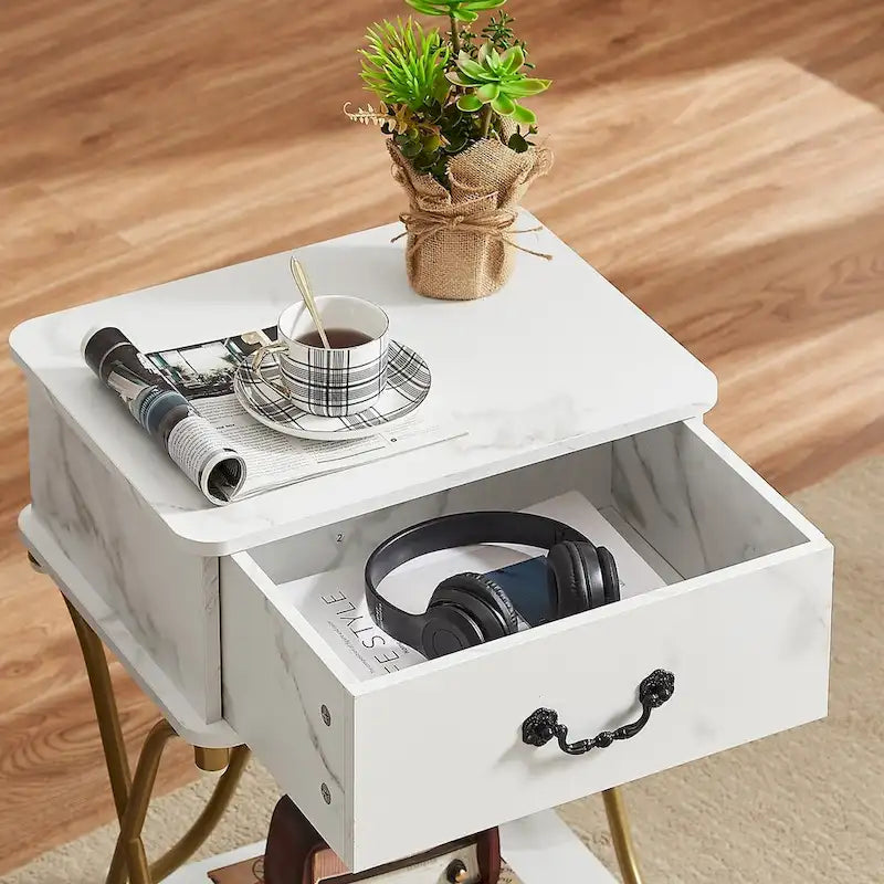 Modernes 3-teiliges Couchtisch-, Sofatisch- und 2er-Set Nachttische mit 1 Schublade (Braun/Schwarz/Weiß)