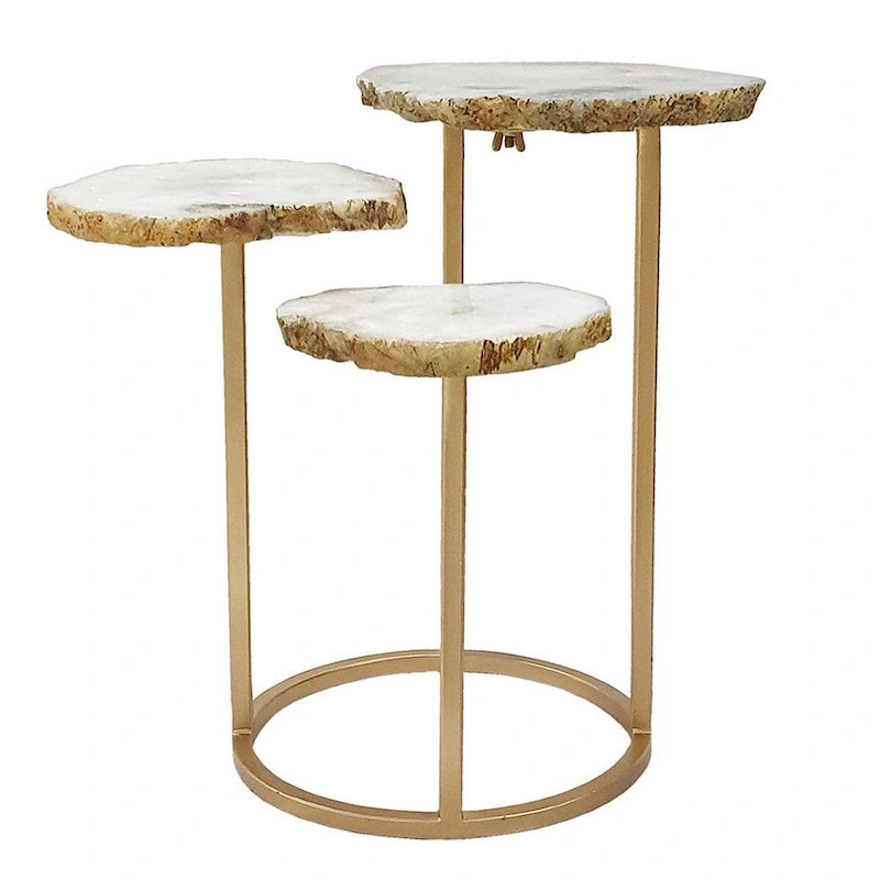 18 Zoll Akzent-Beistelltisch, 3 Ebenen Design, weiße Achatplatte, goldener Eisenfuß