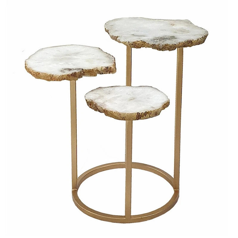 18 Zoll Akzent-Beistelltisch, 3 Ebenen Design, weiße Achatplatte, goldener Eisenfuß