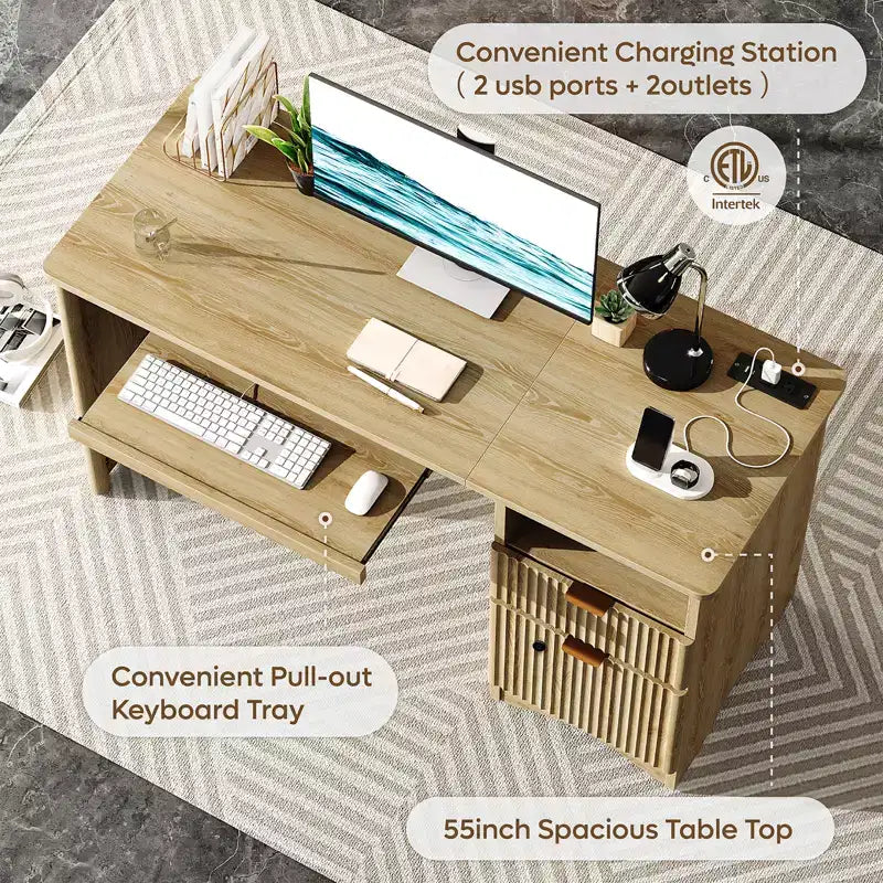 Bestier 55 Smart Computertisch, Eiche Schreibtisch mit Aktenschubladen und Steckdose, Chefschreibtisch mit offenem Stauraum und Tastaturauszug