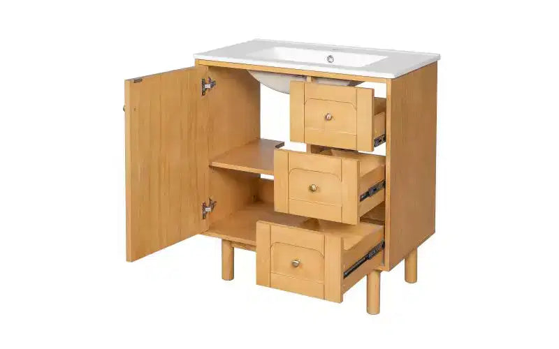 JVNOXK 75 cm Rustikaler Moderner Keramik-Waschtischunterschrank mit 3 Schubladen und 1 großer Soft-Close-Tür, Aufbewahrungsschrank, Naturholzmaserung