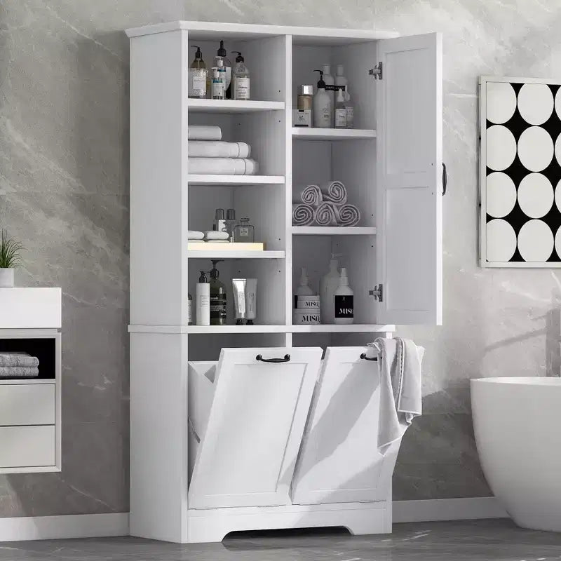 Badezimmerschrank mit Türen und Schubladen, Kippwäschekorb, mehreren Ablagefächern, freistehend