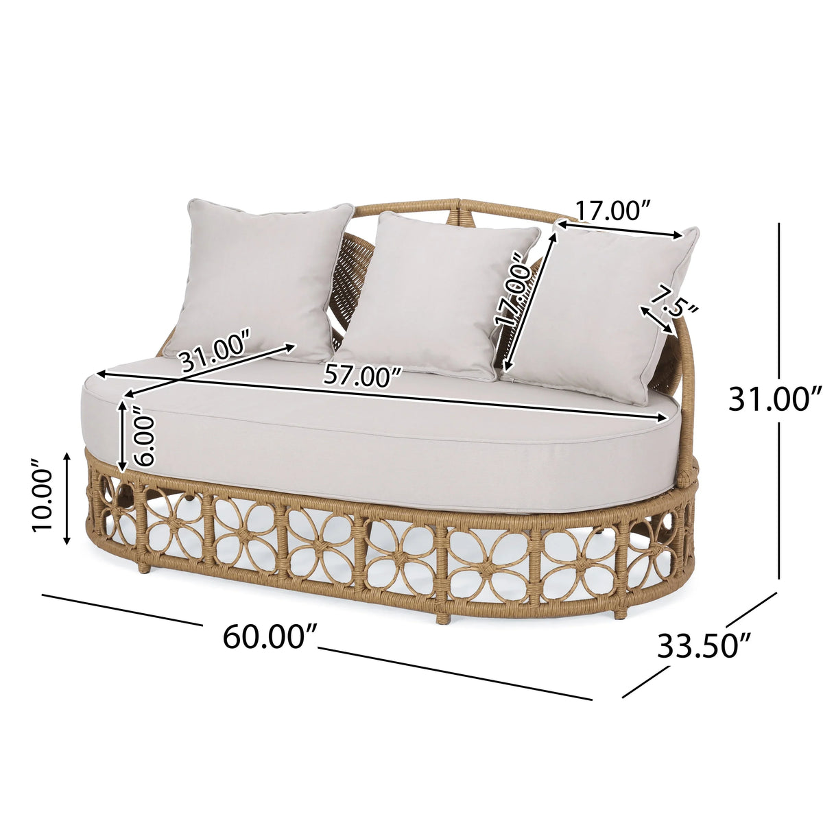 Homan Outdoor-Tagesbett aus Korbgeflecht mit Kissen, Hellbraun und Beige