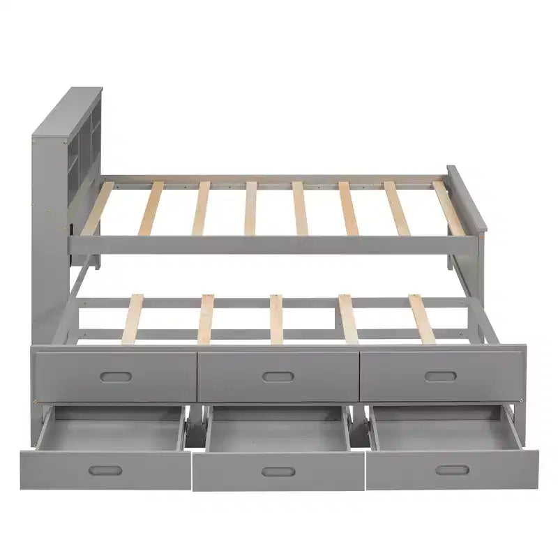 Plattformbett mit Rollbett und Schubladen, Stauraumbett mit USB-Anschluss, Holzbett mit Bücherregal