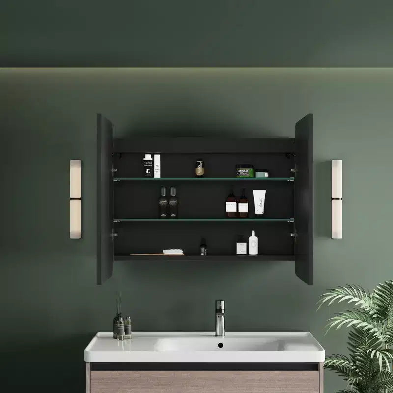Schwarzer / Weißer / Goldener LED-Spiegelschrank, einzelne Tür, links- oder rechts angeschlagen, Einbau- oder Wandmontage