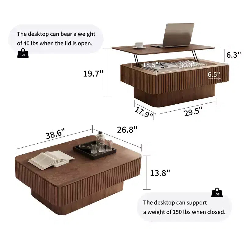 JVNOXK 38.6'' Geriffelter Couchtisch mit Stauraum und Liftfunktion, Massivholzfurnier Höhenverstellbarer Moderner Akzenttisch für Wohnzimmer, Schlafzimmer, Walnuss