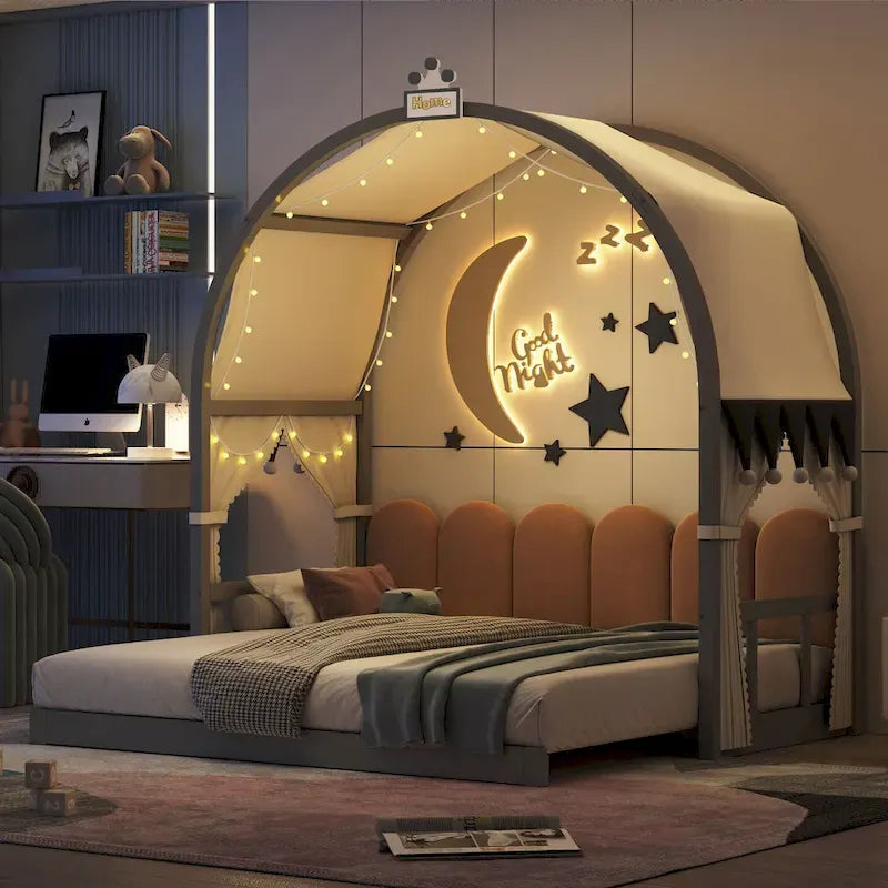 Massivholz-Spielhaus-Plattformbett, Montessori-Bettrahmen mit gewölbtem Dach und Ausziehbett für Mädchen und Jungen