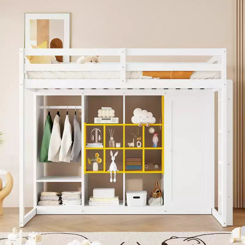 Hochbett für Kinder mit Kleiderschrank und Regalen, Holz-Hochbettgestell mit Aufbewahrungsschrank für Kinder und Jugendliche