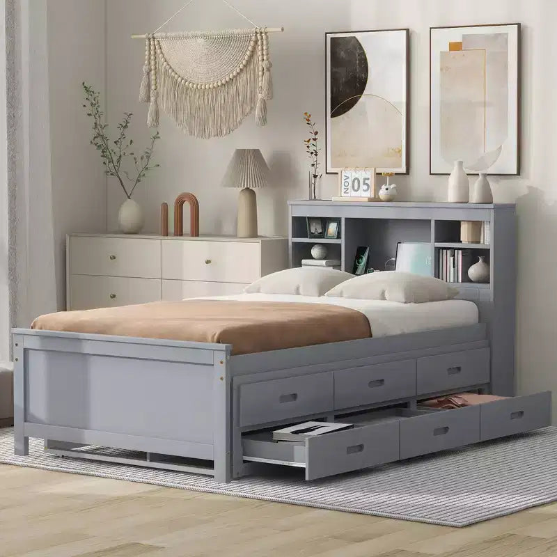Plattformbett mit Rollbett und Schubladen, Stauraumbett mit USB-Anschluss, Holzbett mit Bücherregal