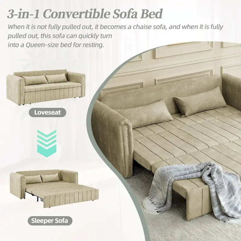 Modernes Schlafsofa aus Samt mit Rollarmen, verziert mit Kupfernägeln