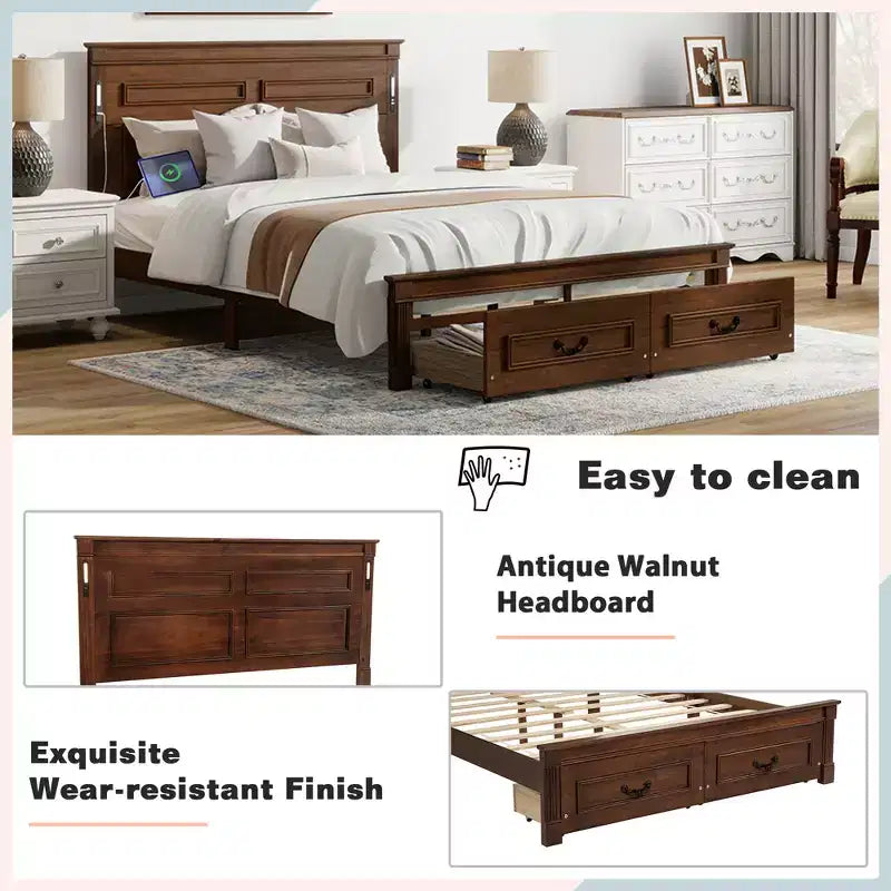 ModernLuxe Bettrahmen für Queensize-/Kingsize-Betten mit hohem Kopfteil, rustikales Holzbettgestell mit 2 Schubladen, LED-Beleuchtung und USB-Anschlüssen