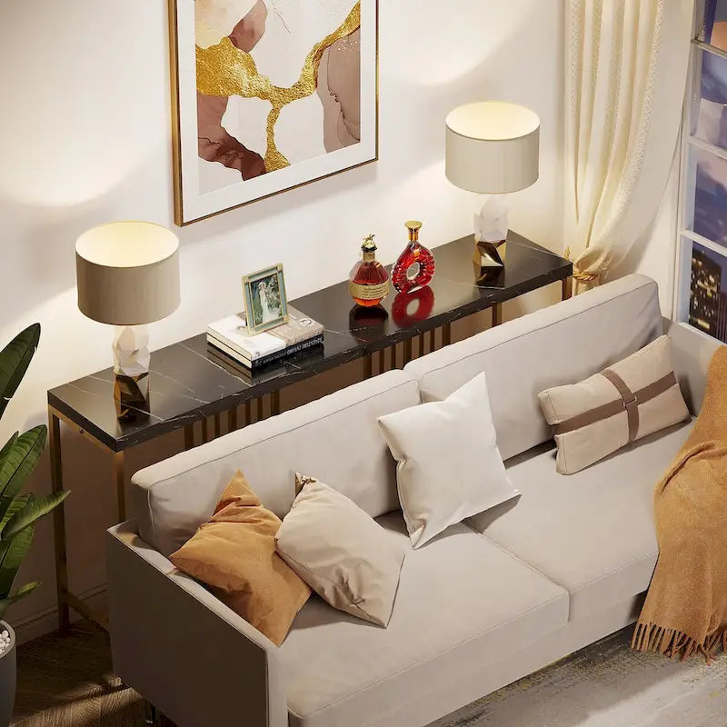 70,9 Zoll Sofa Konsolentisch mit offenem Ablageregal, industrieller schmaler extra langer Sofatisch, Eingangstisch hinterm Sofa
