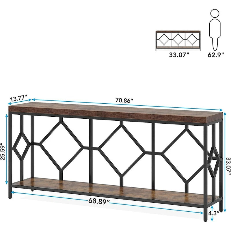 70,9 Zoll Sofa Konsolentisch mit offenem Ablageregal, industrieller schmaler extra langer Sofatisch, Eingangstisch hinterm Sofa