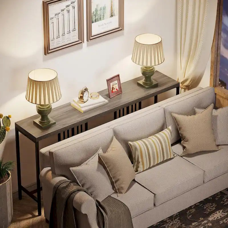 70,9 Zoll Sofa Konsolentisch mit offenem Ablageregal, industrieller schmaler extra langer Sofatisch, Eingangstisch hinterm Sofa