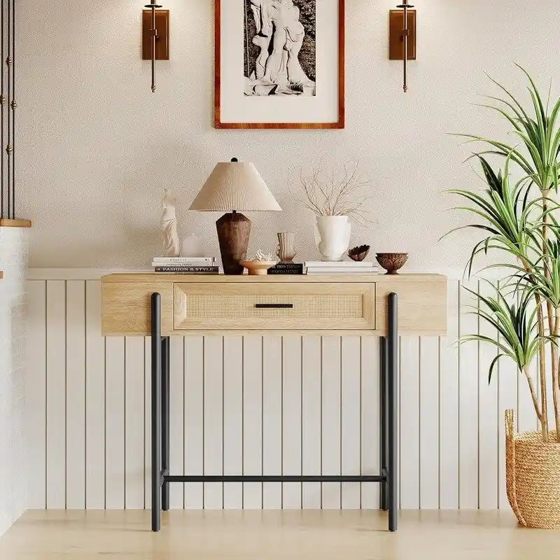 Konsolentisch, Sofatische Rattan-Flurtisch mit Aufbewahrungsschublade