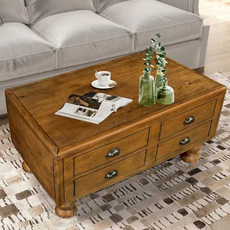 40 Massivholz-Rechteck-Couchtisch mit 4 Schubladen
