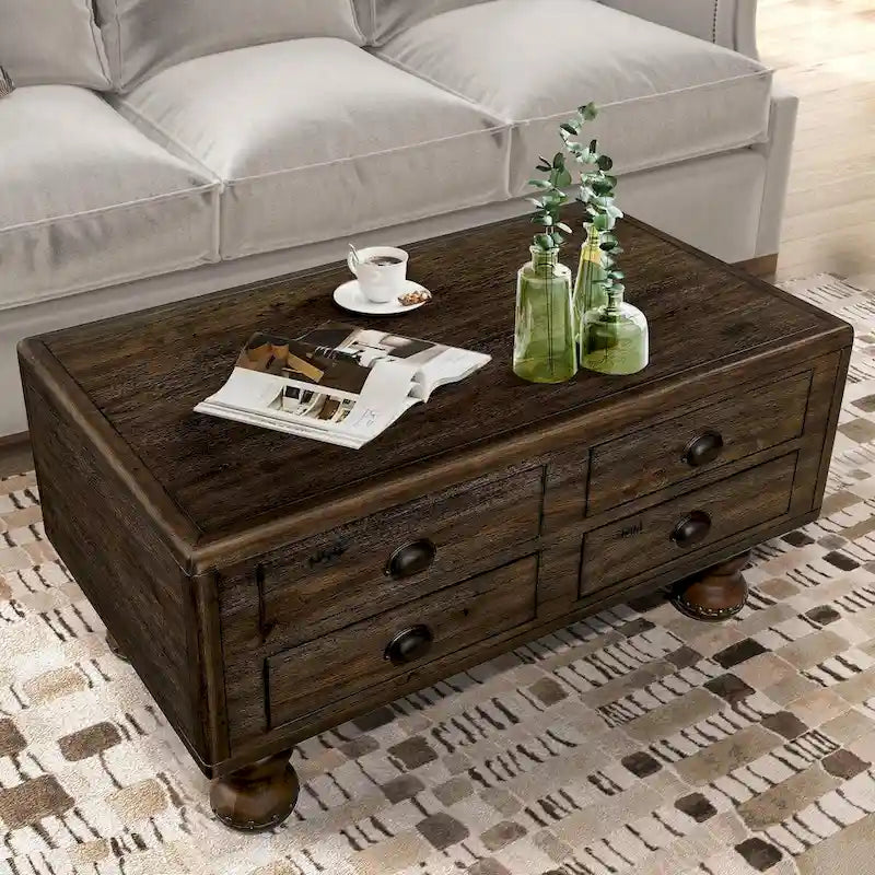 40 Massivholz-Rechteck-Couchtisch mit 4 Schubladen