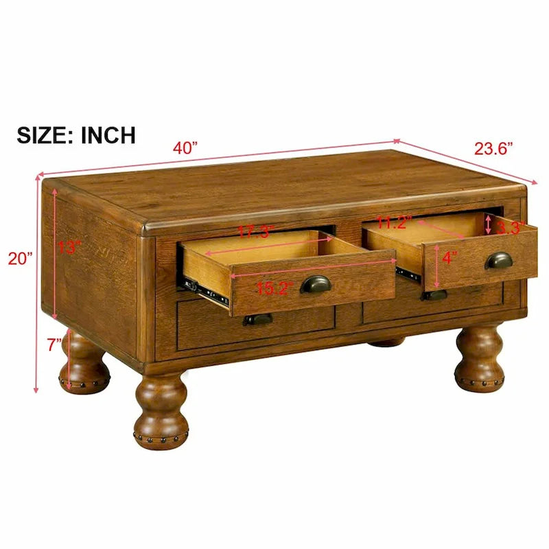 40 Massivholz-Rechteck-Couchtisch mit 4 Schubladen