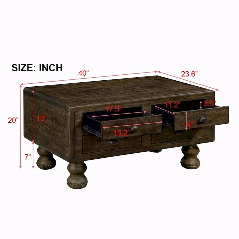 40 Massivholz-Rechteck-Couchtisch mit 4 Schubladen