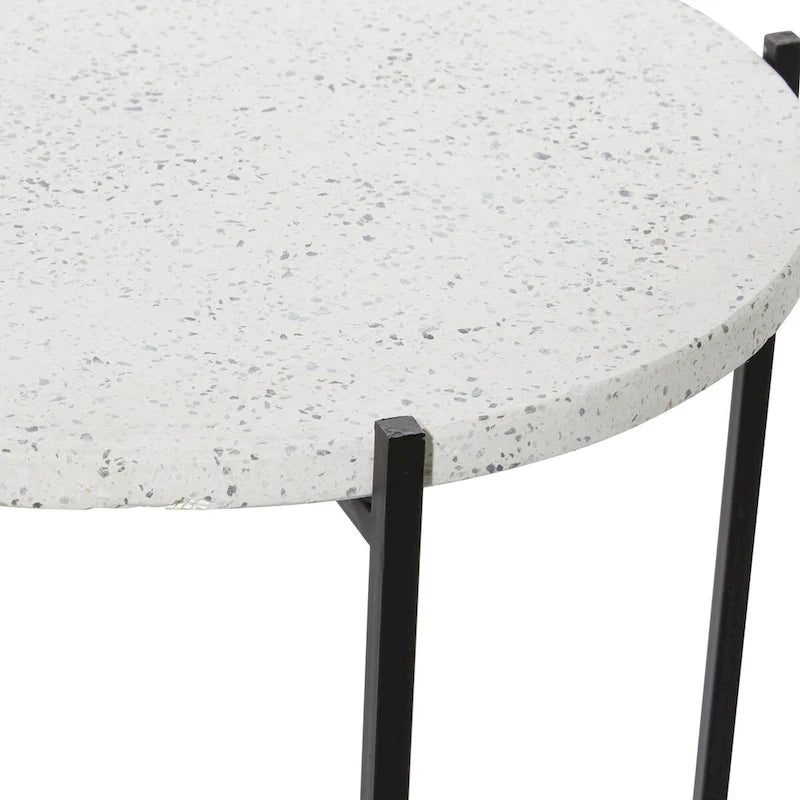 Terrazzo Stein Beistelltisch Akzenttisch mit schwarzem Metall X-Gestell - Weiß - Roche River Decor